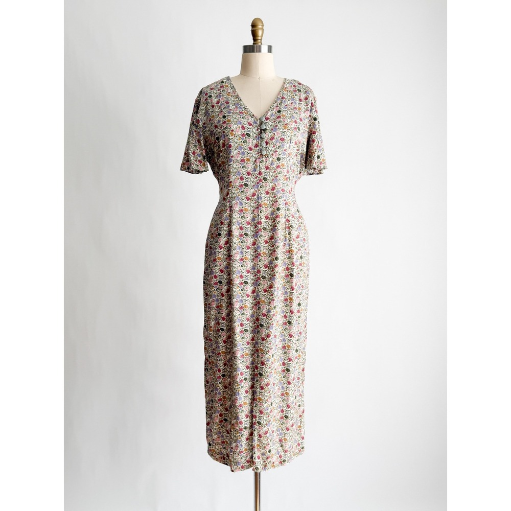 Coco Bianco Maxi Dress Floral Lace Up Back Multicolor Rayon V-Neck‎ Short Sleeve